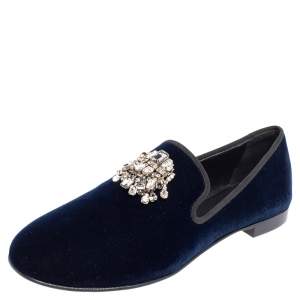 Pre Owned Giuseppe Zanotti Midnight Blue Velvet Kevin Smoking Slippers Size 42.5