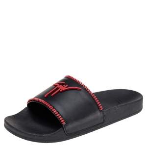 Giuseppe Zanotti Black/Red Brett Zip Leather Slides Size 45