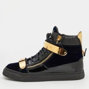 Pre Owned Giuseppe Zanotti Black/Navy Blue Leather And Velvet Double Coby High Top Sneakers Size 42