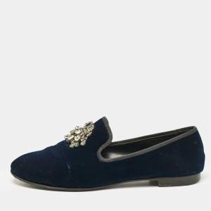 Giuseppe Zanotti Navy Blue Velvet Crystal Embellished Smoking Slippers Size 41