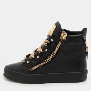 Giuseppe Zanotti Black Leather London Birel Chain Embellished High Top Sneakers Size 41