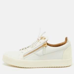 Giuseppe Zanotti White Leather and Patent Leather Double Zip Low Top Sneakers Size 44