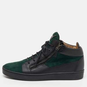 Giuseppe Zanotti Green/Black Suede and Leather Double Zip High Top Sneakers Size 45