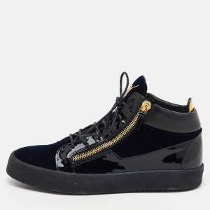 Giuseppe Zanotti Blue/Black Velvet and Patent Frankie High Top Sneakers Size 45