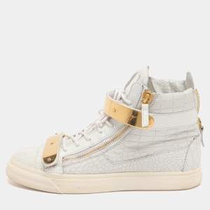 Pre Owned Giuseppe Zanotti Coby Size 43 White Croc Embossed Leather High Top Sneakers