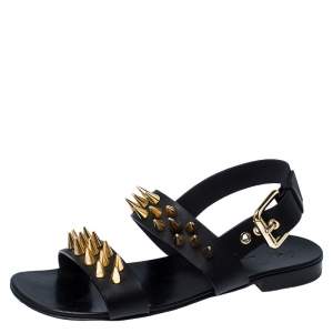 Giuseppe Zanotti Black Leather Zak Spike Flat Sandals Size 40