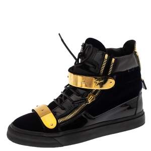 Giuseppe Zanotti Black/Blue Patent Leather and Velvet Coby High Top Sneakers Size 39