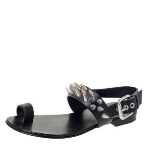 Giuseppe Zanotti Black Leather Zak Spike Flat Sandals Size 40