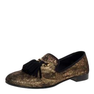 Giuseppe Zanotti Gold Velvet Brocade Fabric Tassel Detail Smoking Slippers Size 41
