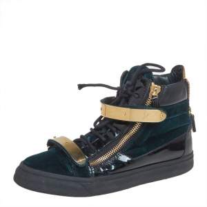 Giuseppe Zanotti Dark Green/Gold Velvet And Leather Double Bar High Top Sneakers Size 40