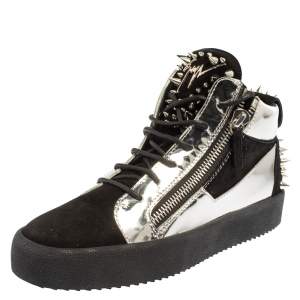 Giuseppe Zanotti Black/Silver Suede and Patent Leather Studded Jimbo Mid Top Sneakers Size 40