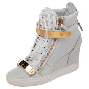 Giuseppe Zanotti White Croc Embossed And Leather Lorenz Wedge High Top Sneakers Size 38