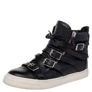 Giuseppe Zanotti Black Leather Buckle Detail High Top Sneakers Size 44