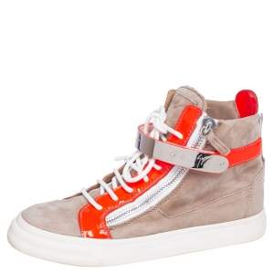 Giuseppe Zanotti Beige/Neon Orange Patent Leather and Suede Double Bar High Top Sneakers Size 38.5