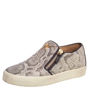 Gluseppe Zanotti Beige Snakeskin Embossed Leather Zip Detail Slip-on Sneakers Size 42.5