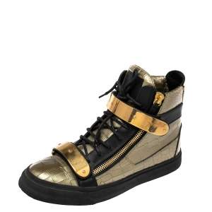 Giuseppe Zanotti Metallic Green Croc Embossed Leather Coby High Top Sneakers Size 40.5