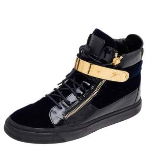 Giuseppe Zanotti Navy Blue/Black Velvet and Leather Coby High Top Sneakers Size 43