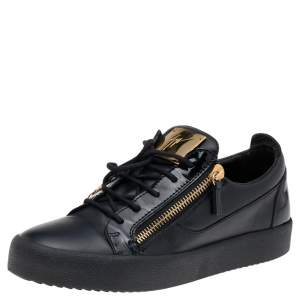 Giuseppe Zanotti Black Leather and Patent Double Zipper Low Top Sneakers Size 42.5