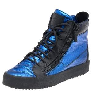 Giuseppe Zanotti Metallic Blue Python Embossed Leather Double Zip High Top Sneakers Size 43