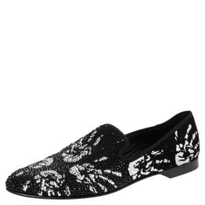 Giuseppe Zanotti Black Crystal Embellished Hand Print Suede Smoking Slippers Size 41.5