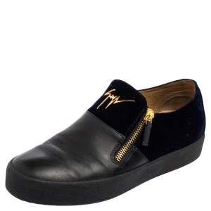 Giuseppe Zanotti Black/Dark Blue Leather and Velvet Adam Slip-On Sneakers Size 43