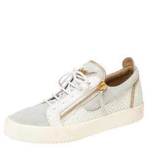 Giuseppe Zanotti White Croc Embossed Leather and Suede Frankie Low-Top Sneakers Size 43.5