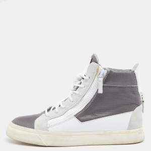 Giuseppe Zanotti Grey/White Perforated Leather And Suede Double Zip High Top Sneakers Size 40