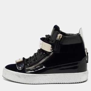 Giuseppe Zanotti Navy Blue/Black Velvet and Patent Leather Coby High-Top Sneakers Size 40