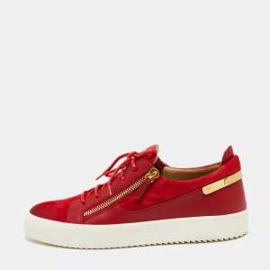 Giuseppe Zanotti Red Leather And Suede Frankie Lace Up  Sneakers Size 46