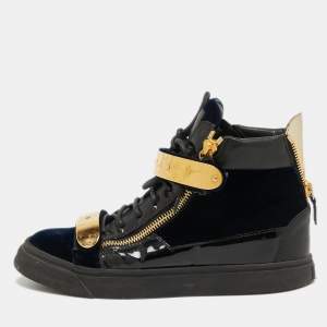 Giuseppe Zanotti Black/Navy Blue Leather and Velvet Coby High Top Sneakers Size 42