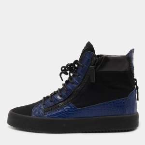 Giuseppe Zanotti Blue/Black Croc Embossed Leather and Fabric High Top Sneakers Size 43