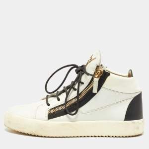 Giuseppe Zanotti White/Black Leather Double Zip Sneakers Size 41.5  