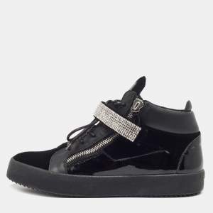 Giuseppe Zanotti Black Leather and Patent Crystal Embellished High Top Sneakers Size 44