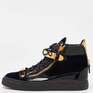 Giuseppe Zanotti Navy Blue/Black Velvet and Leather Coby High Top Sneakers Size 39.5