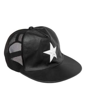 Pre Owned Givenchy Black Leather & Mesh Star Detail Baseball Cap S