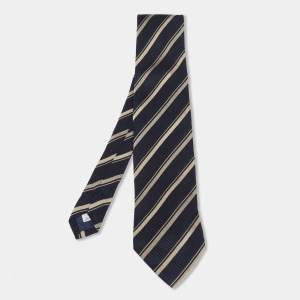 ربطة عنق جيفنشي حرير ذهبي وأزرق داكن مخططه