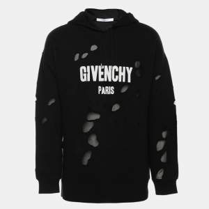 Givenchy Black Distressed Cotton & Mesh Inset Logo Printed Hooded Sweatshirt S