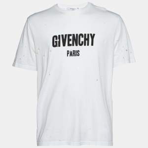 Givenchy White Logo Print Cotton Distressed T-Shirt L