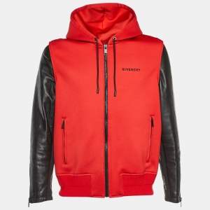 Givenchy Red Jersey & Leather Zip Up Hooded Jacket L