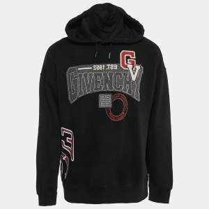 Givenchy Black Cotton Knit Applique Detail Hooded Sweatshirt L 