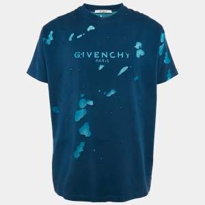 Givenchy Blue Logo Print Distressed Cotton Crew Neck T-Shirt S