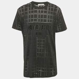Givenchy Black Logo Embroidery Perforated Cotton Crew Neck T-Shirt L