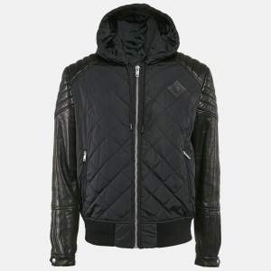 Givenchy Black Nylon and Leather Zip Up Hooded Jacket XL
