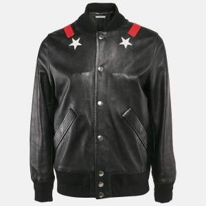 Givenchy Black Star Applique Leather Bomber Jacket L