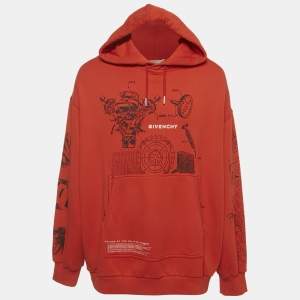 Givenchy Red Drifter Return Print Cotton Knit Hooded Oversized Sweatshirt L 