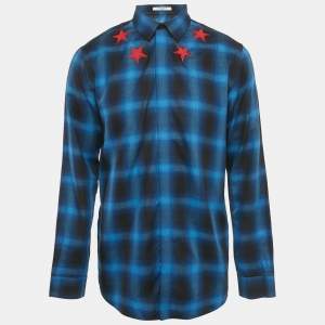 Pre Owned Givenchy Blue Plaided Star Embroidered Cotton utton Front Shirt XL