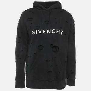 مملوكة مسبقًا Givenchy Black Cotton Knit Logo Printed Distressed Hoodie S
