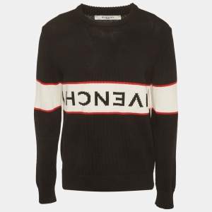 Pre Owned Givenchy Black Logo Intarsia Knit Crewneck Sweater L