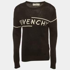 Pre Owned Givenchy Black Logo Intarsia Knit Crewneck Sweater M