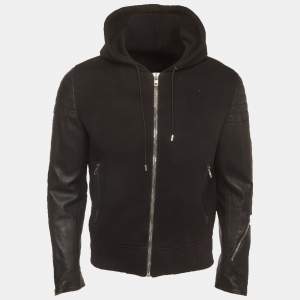 Pre Owned Givenchy Black Neoprene and Leather Hooded Bomber Jacket M